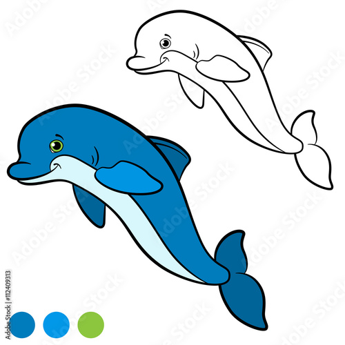 Coloring page. Color me: dolphin. Little cute dolphin jumps and smiles.