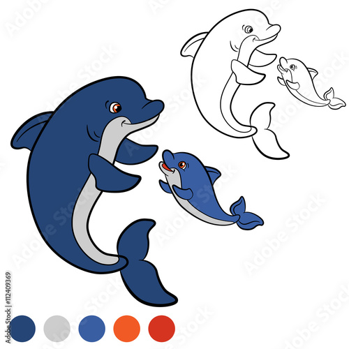 Coloring page. Color me: dolphin. Mother dolphin swims with her little cute baby dolphin.