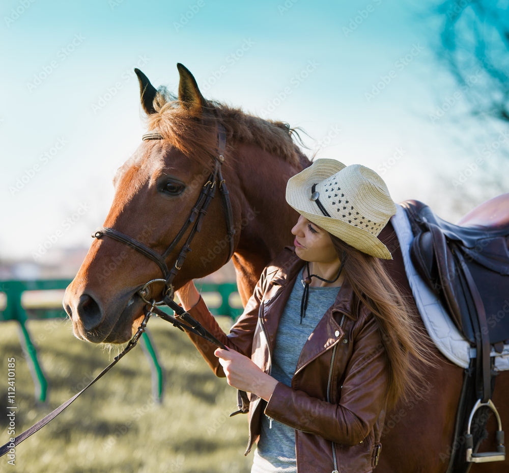 Obraz premium Woman and horse. Portrait close up
