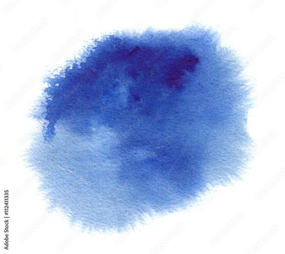 Blue watercolor stain with splash, watercolour paint strokes, blots and ...