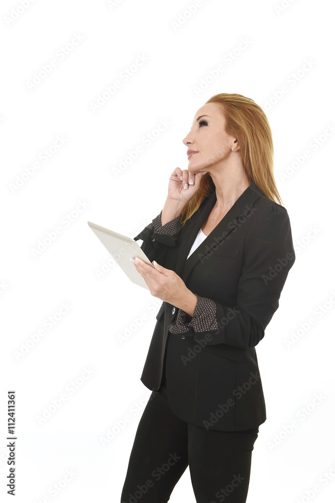blond beautiful businesswoman holding digital tablet pad wearing business suit looking thoughtful blond beautiful businesswoman holding digital tablet pad wearing business suit looking thoughtful