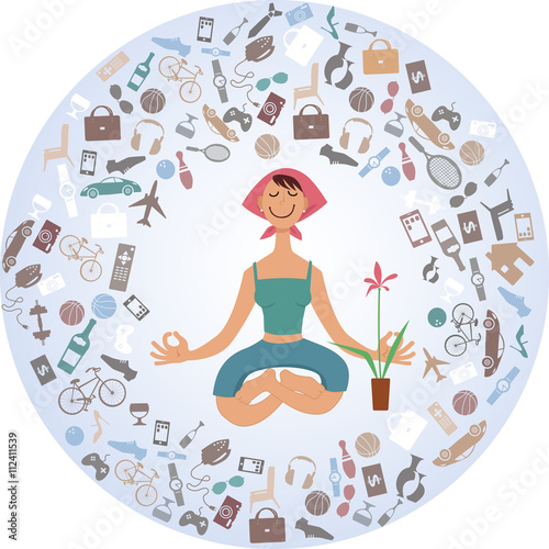 Cartoon woman sitting in yoga pose, surrounded by a cloud of stuff, EPS 8 vector illustration, no transparencies