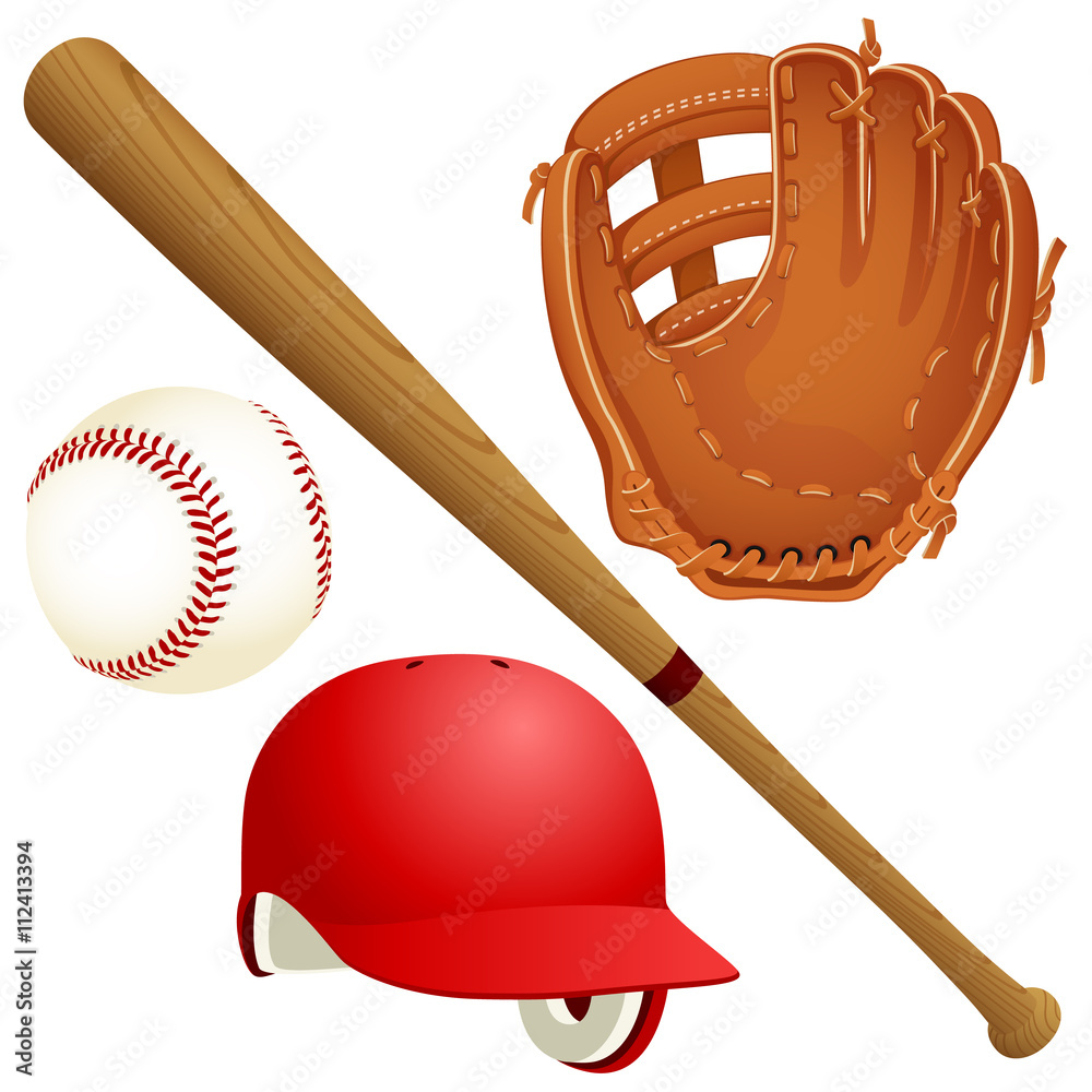 Vector illustration of a variety of baseball equipment: a bat, a ball, a  glove and a helmet. Stock Vector | Adobe Stock