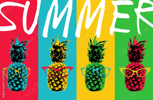 Summer pineapple color design with hipster glasses