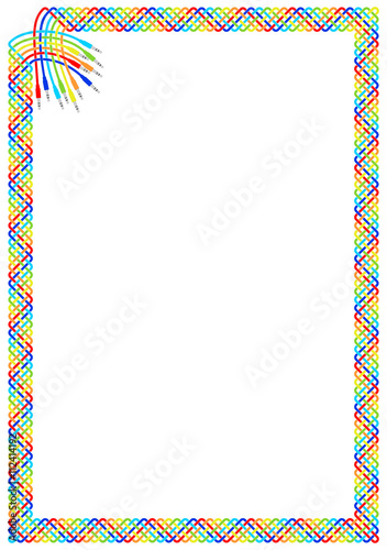 White page framed with plait border of colorful interlaced cables and connectors at the upper left corner. Vector pattern ornament around copy space.