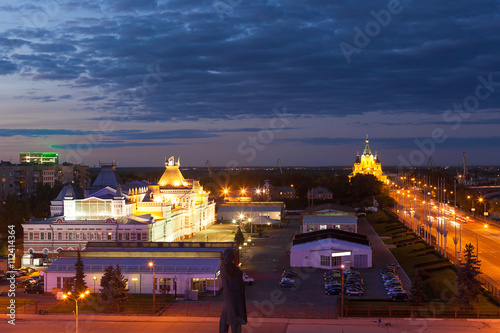 Views of Nizhny Novgorod cityscape, the Church and the bridge over the river photo