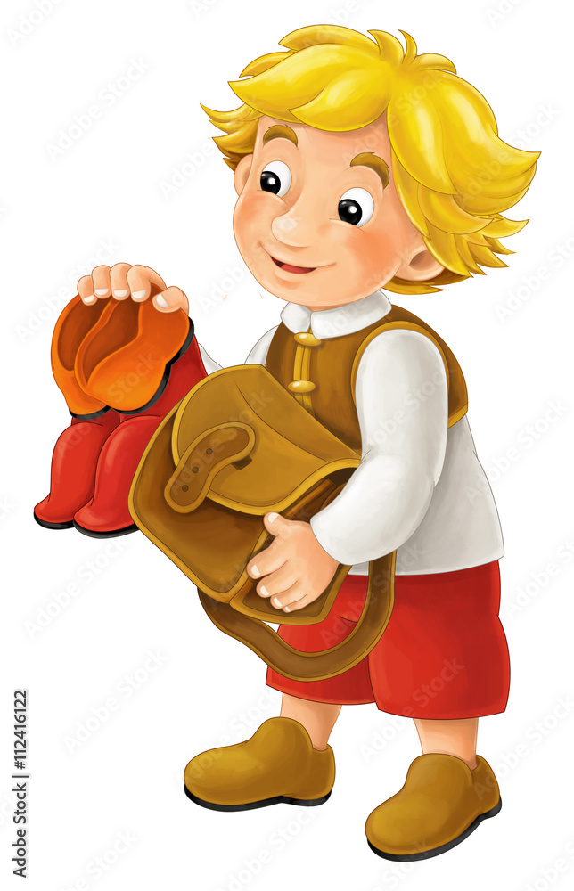 Beautifully colored cartoon character - young man holding bag and boots for  someone - isolated - illustration for children Stock Illustration | Adobe  Stock