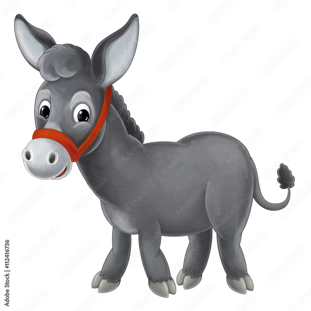 Cartoon donkey standing and watching - cute animal - isolated - illustration for children Cartoon donkey standing and watching - cute animal - isolated - illustration for children