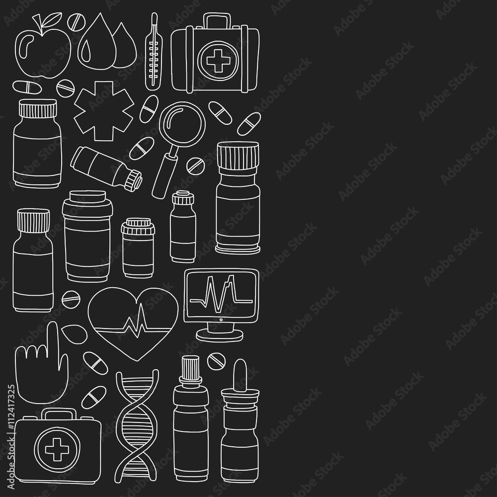 Pharmacy and medicine doodle vector pictures