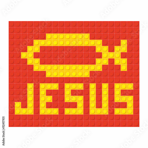 Christian art. Colorful interlocking plastic bricks  plastic construction. Jesus.