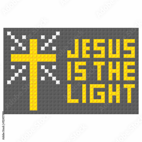 Christian art. Colorful interlocking plastic bricks, plastic construction. Jesus is the light.