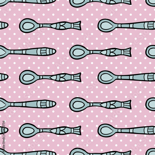 Seamless pattern with spoon on dotted violet background.