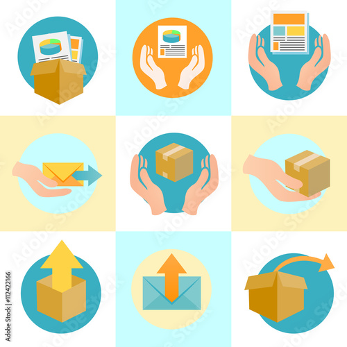 Marketing Company Digital Products Icons with Collateral and Packing Boxes