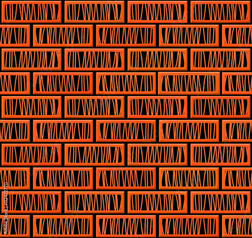 Cartoon hand drown realistic balck and orange seamless brick wall texture. Vector illustration