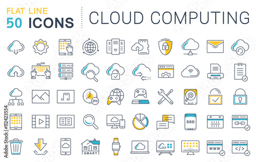 Set Vector Flat Line Icons Cloud Service