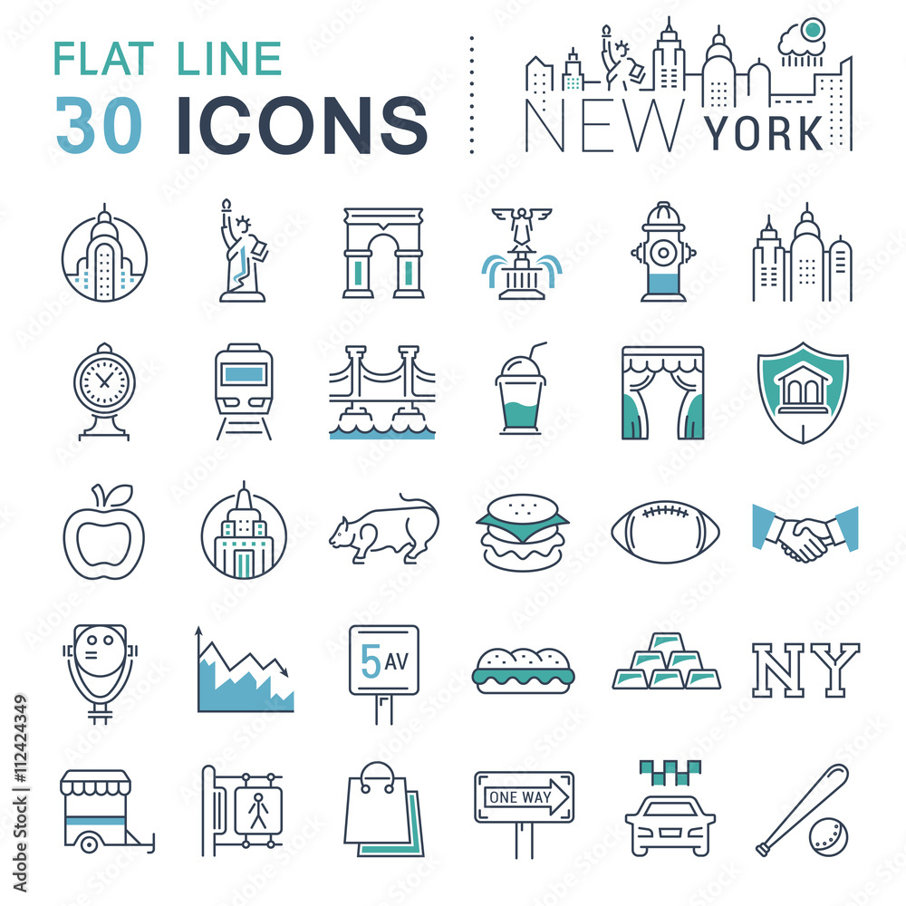 Set Vector Flat Line Icons New York