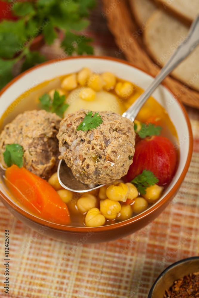Chickpea Soup with Meatballs. Selective focus. Chickpea Soup with Meatballs. Selective focus.