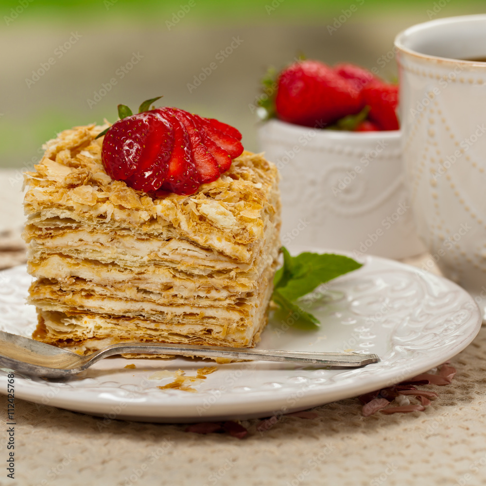 Puff Pastry flaky pastry layers Cake. Selective focus. Puff Pastry flaky pastry layers Cake. Selective focus.