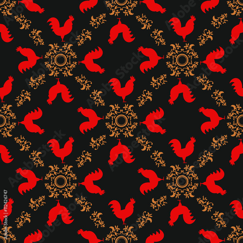 Colorful seamless pattern background with red roosters. Symbol of 2017 year. Red rooster texture with gold floral ornament. Chinese New Year of the Rooster. Oriental happy new year illustration.