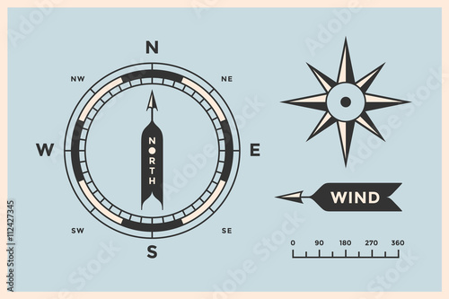 Rose Wind and Compass. Set of vintage arrows, symbols, objects for Navigation. Design elements in retro style for navigation theme on color background. Vector Illustration