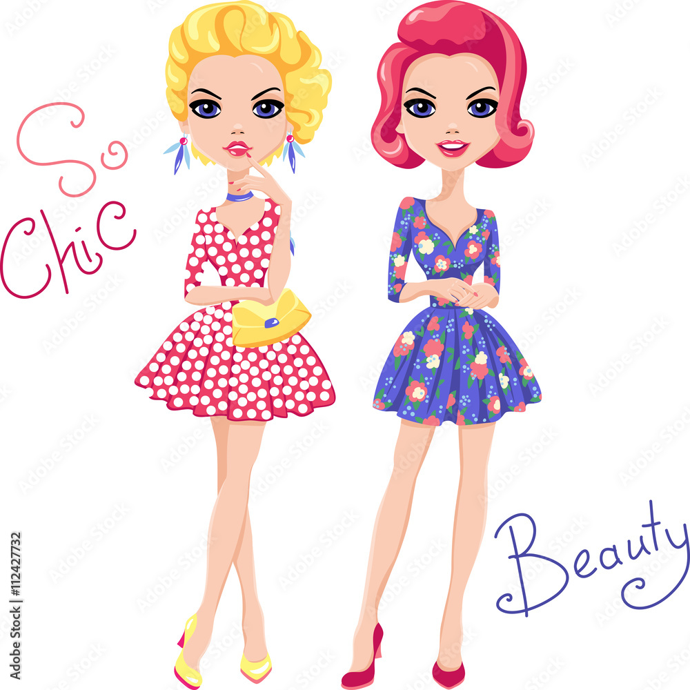 Cute beautiful Pop Art girls in dress. T-shirt Graphics. Girl print. Cute beautiful Pop Art girls in dress. T-shirt Graphics. Girl print.