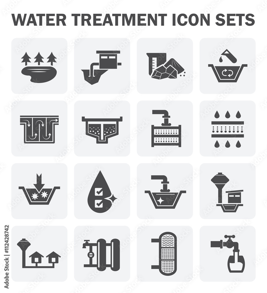 Water treatment plant and water filter and wastewater or waste water vector icon set. Purification system include. That removes sewage and sludge to improves the quality water for facility and supply.