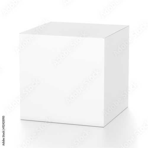 White cube blank box from top front far side angle. 3D illustration isolated on white background.