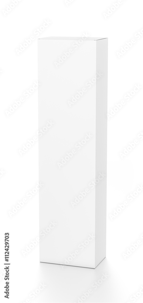White tall vertical rectangle blank box from top front far side angle. 3D illustration isolated on white background. White tall vertical rectangle blank box from top front far side angle. 3D illustration isolated on white background.