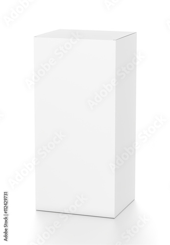 White vertical rectangle blank box from top front far side angle. 3D illustration isolated on white background. © Mockup Cake