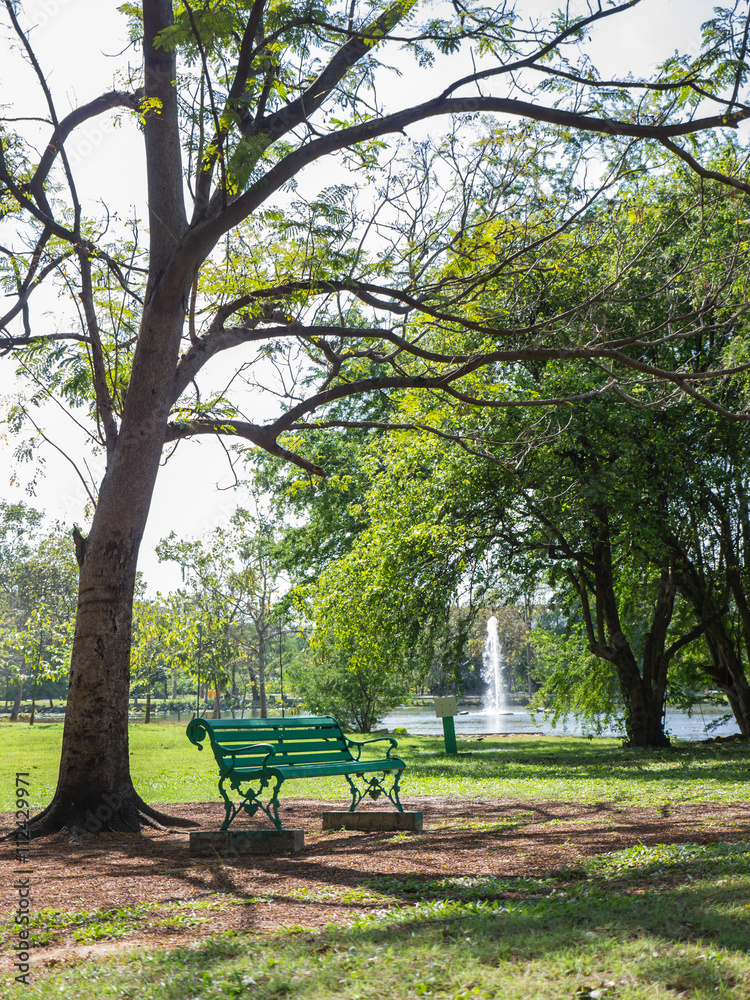 Empty wooden chair in public park