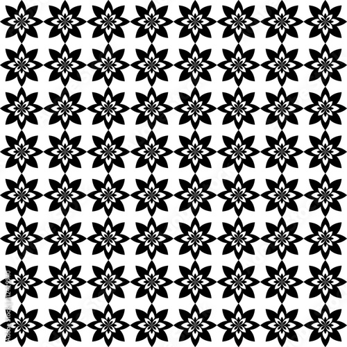 Floral pattern with black and white flowers on white background 