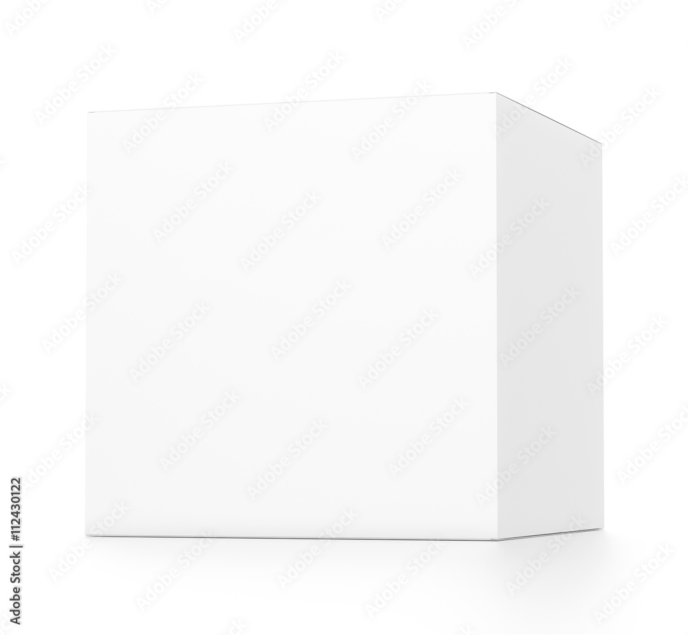 White cube blank box from front far side angle. 3D illustration isolated on white background. White cube blank box from front far side angle. 3D illustration isolated on white background.