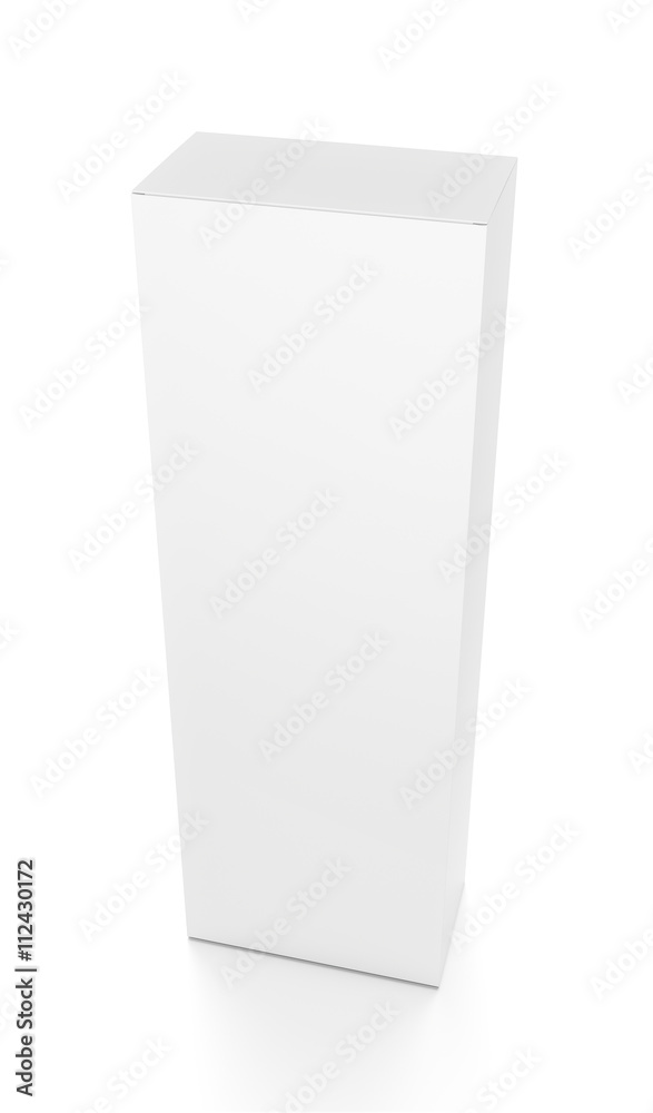 White tall vertical rectangle blank box from top front side angle. 3D illustration isolated on white background. White tall vertical rectangle blank box from top front side angle. 3D illustration isolated on white background.