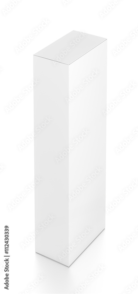 White tall vertical rectangle blank box from top far side angle. 3D illustration isolated on white background.