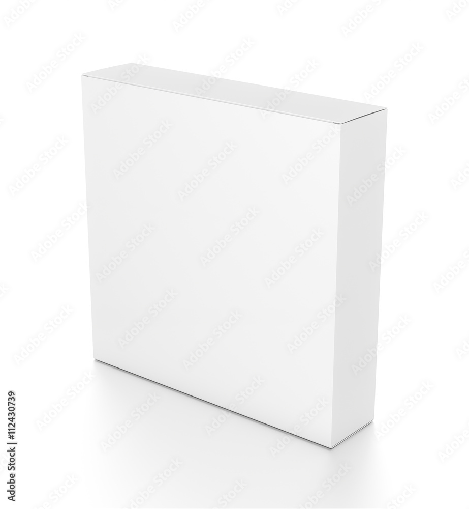 White thin rectangle blank box from top side angle. 3D illustration isolated on white background. White thin rectangle blank box from top side angle. 3D illustration isolated on white background.
