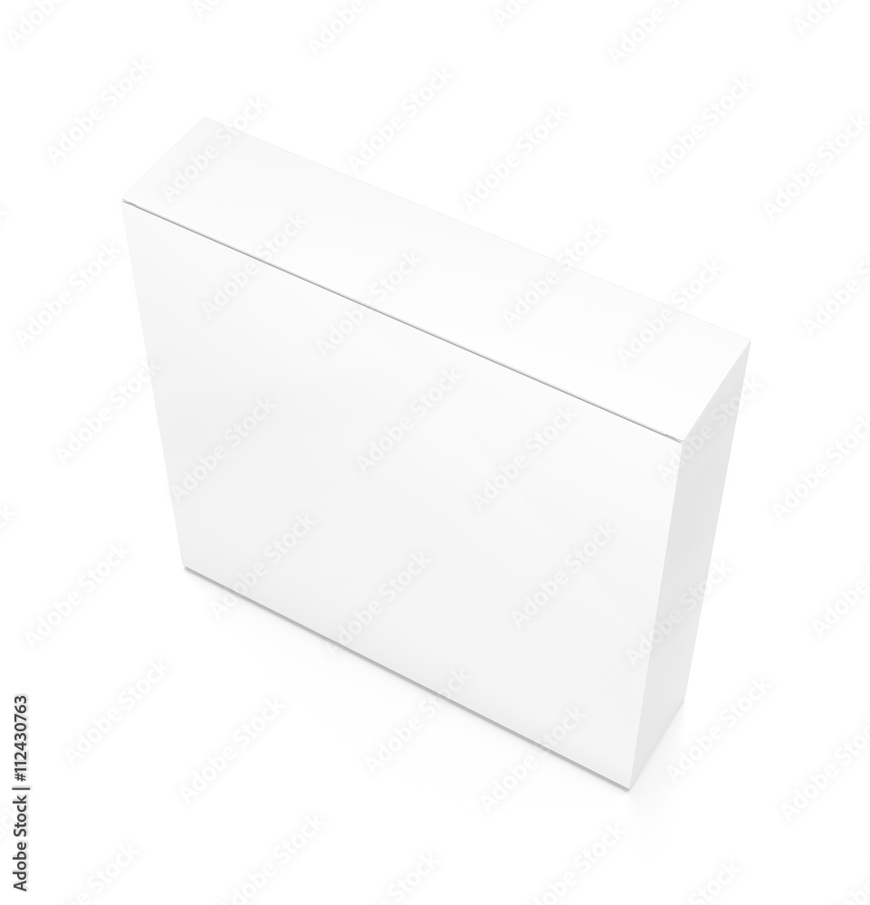 White thin rectangle blank box from top side angle. 3D illustration isolated on white background. White thin rectangle blank box from top side angle. 3D illustration isolated on white background.