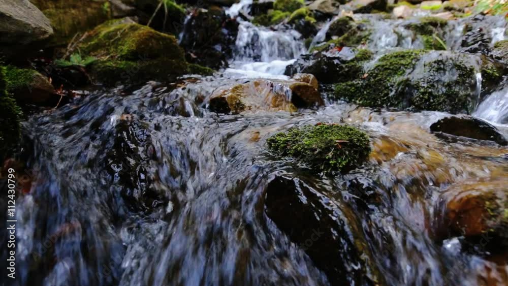 Green and wet mossy stones along mountain river stream with many curved cascades and small waterfalls surrounded by greenery of forest vegetation Green and wet mossy stones along mountain river stream with many curved cascades and small waterfalls surrounded by greenery of forest vegetation