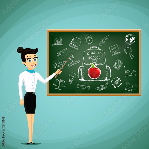 Teacher stand next to the blackboard. Back to school. Stock vect