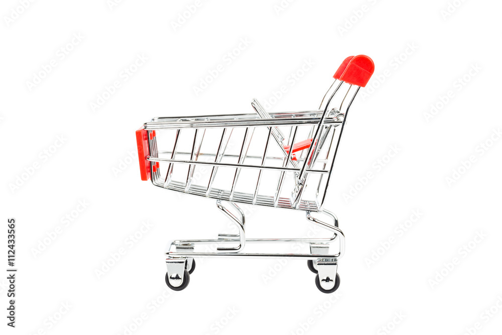 Shopping cart with red handle on white background