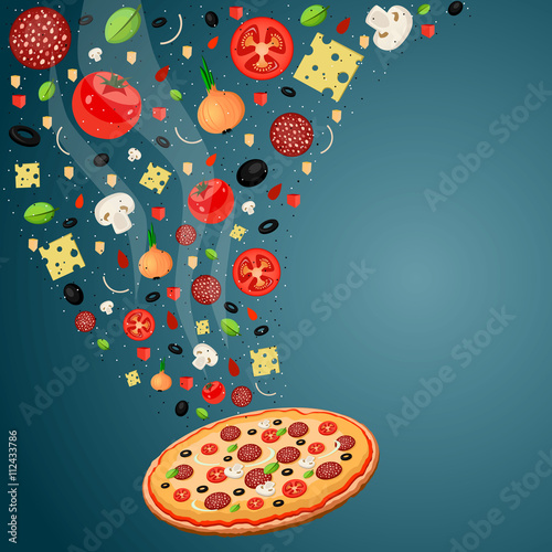 Cooking pizza with falling ingredients