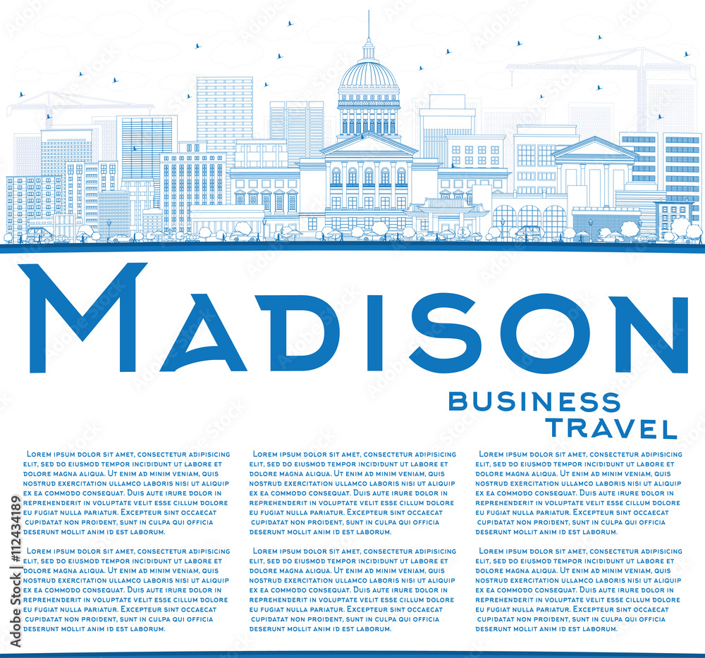 Outline Madison Skyline with Blue Buildings and Copy Space.