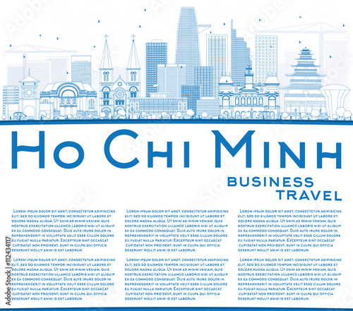 Outline Ho Chi Minh Skyline with Blue Buildings and Copy Space.