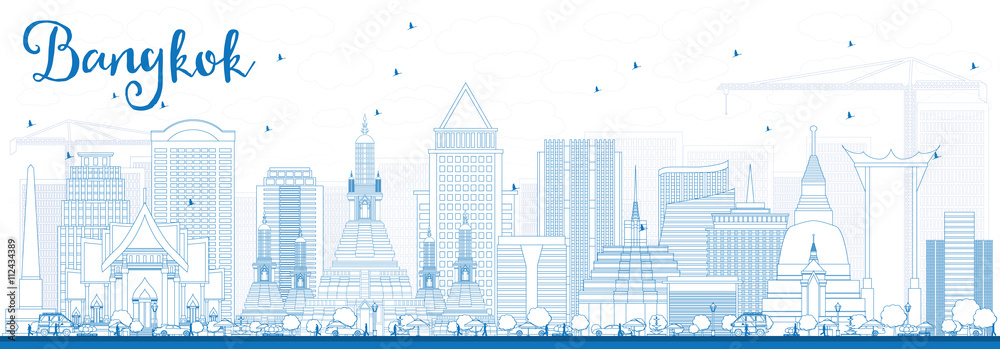 Outline Bangkok Skyline with Blue Landmarks.