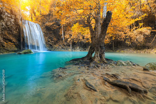 Erawan Waterfall, beautiful waterfall in deep forest, Erawan National Park in Kanchanaburi, Thailand