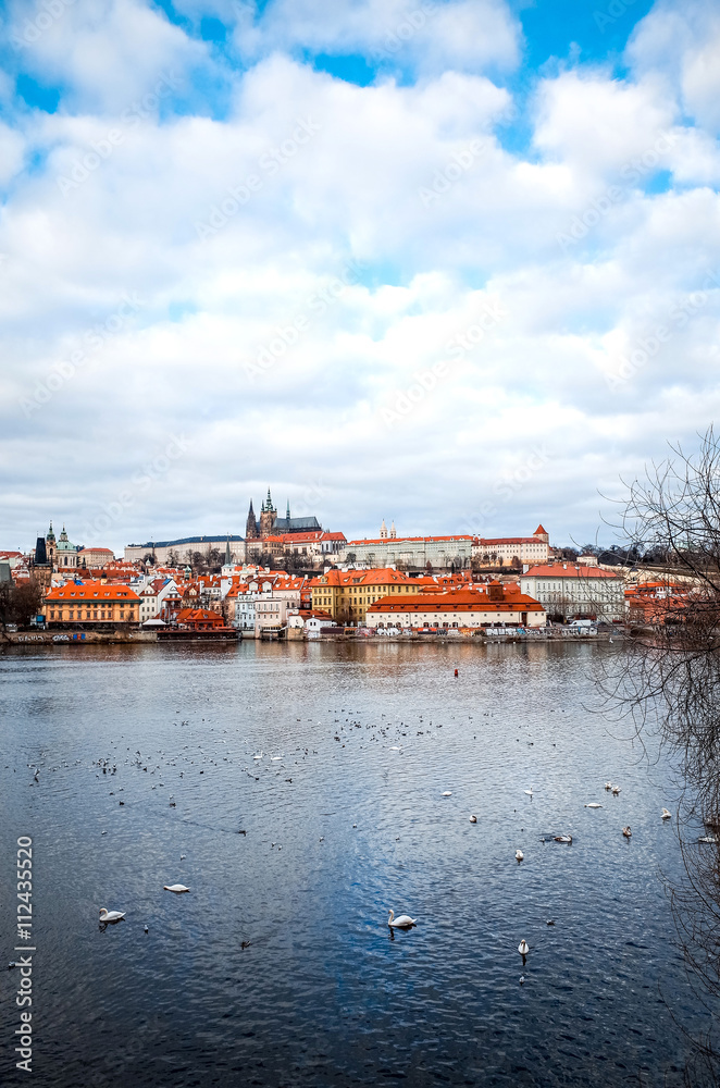 Obraz premium Old Town ancient architecture and river pier in Prague, Czech Re