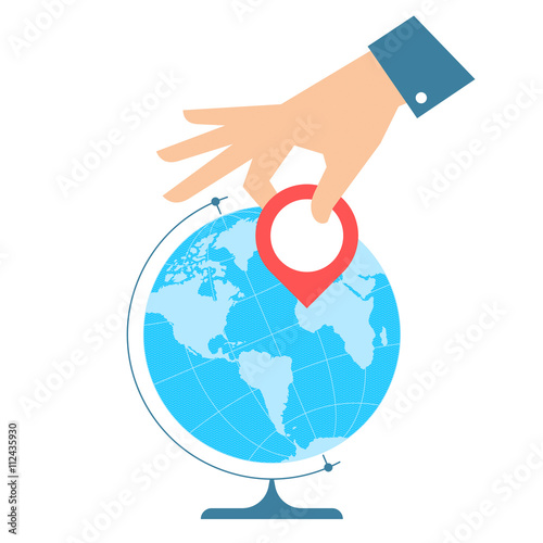 Business travel concept. Flat vector illustration of western globe hemisphere and hand with pin marker. Man is pointing a place on the map. Infographic element for web, print, social networks.