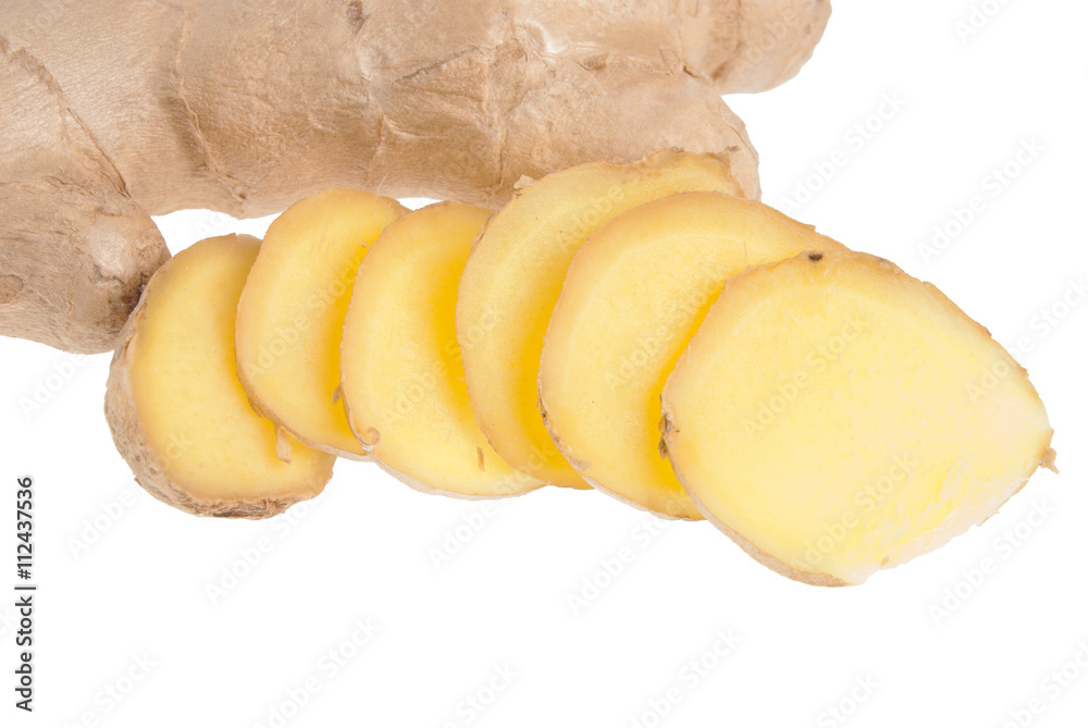 Ginger with slices isolated on white background Ginger with slices isolated on white background