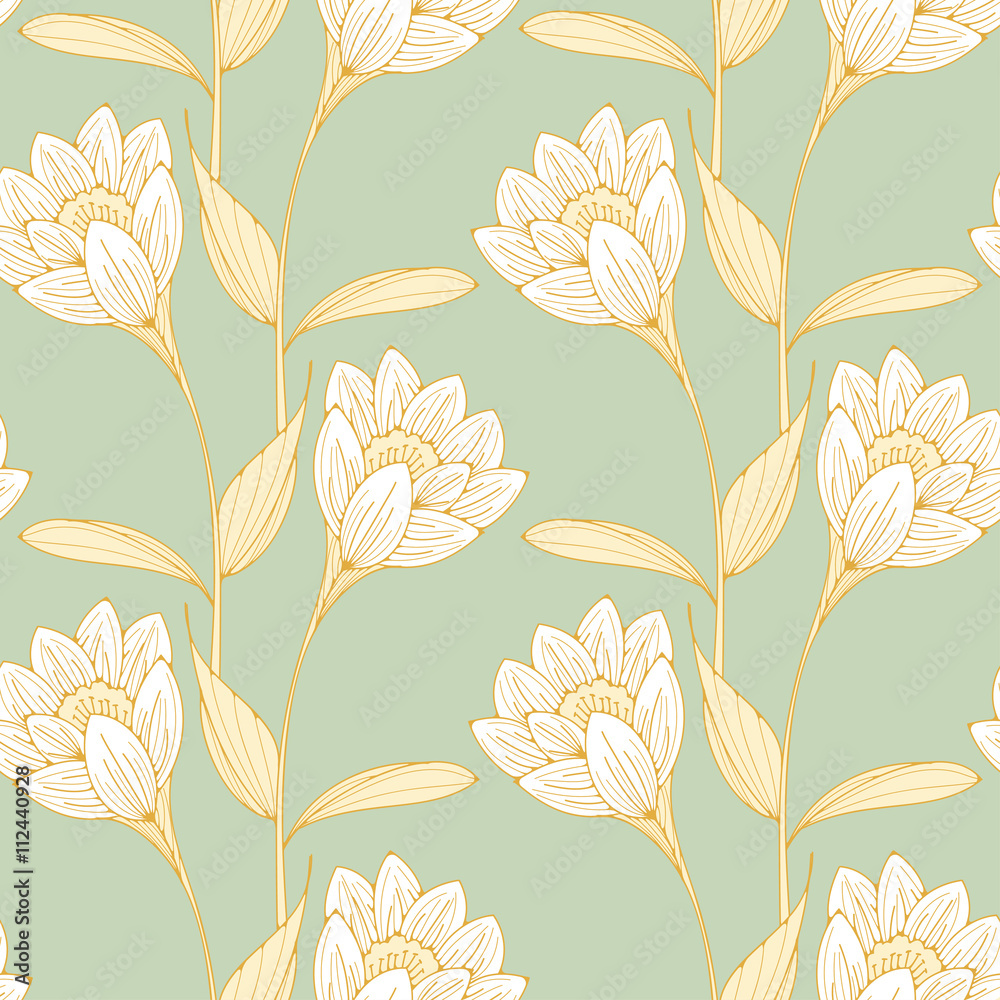 a vintage English style floral wallpaper seamless tiles with crocus-like  flowers in soft blue, white and ivory shades Stock Vector | Adobe Stock