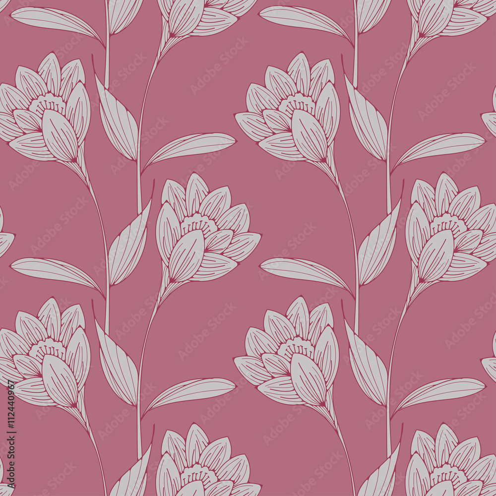 a vintage English style floral wallpaper seamless tiles with crocus-like  flowers in old pink shades Stock Vector | Adobe Stock