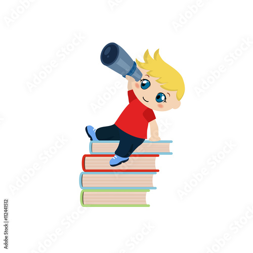 Cute boy sitting on a pile of books and watching through telescope.